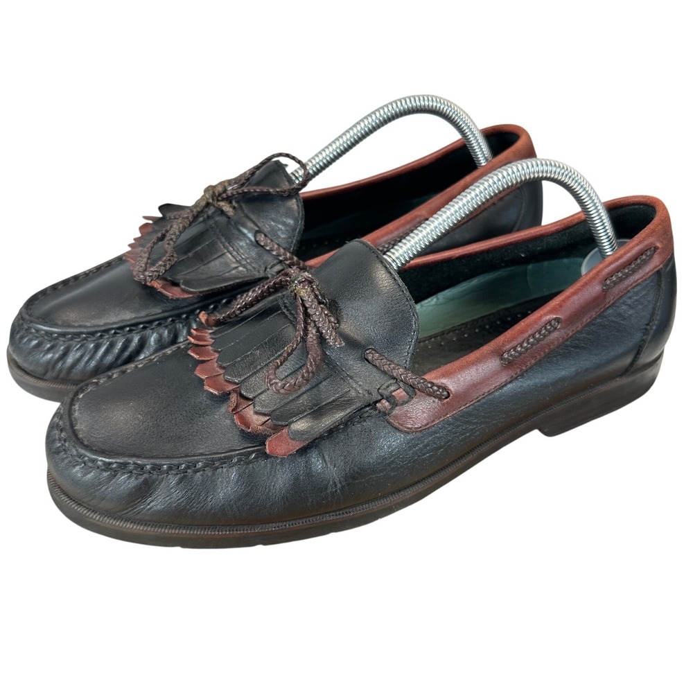90s Trader Bay Leather Kiltie Fringe Moc Toe Loafers Black Brown Mens 10.5D VTG